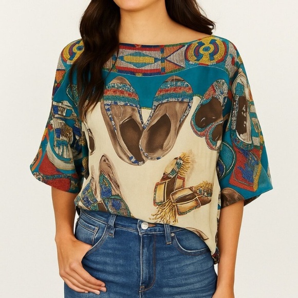 Ralph Lauren Blue Label Multicolor Shoe Print Blouse​